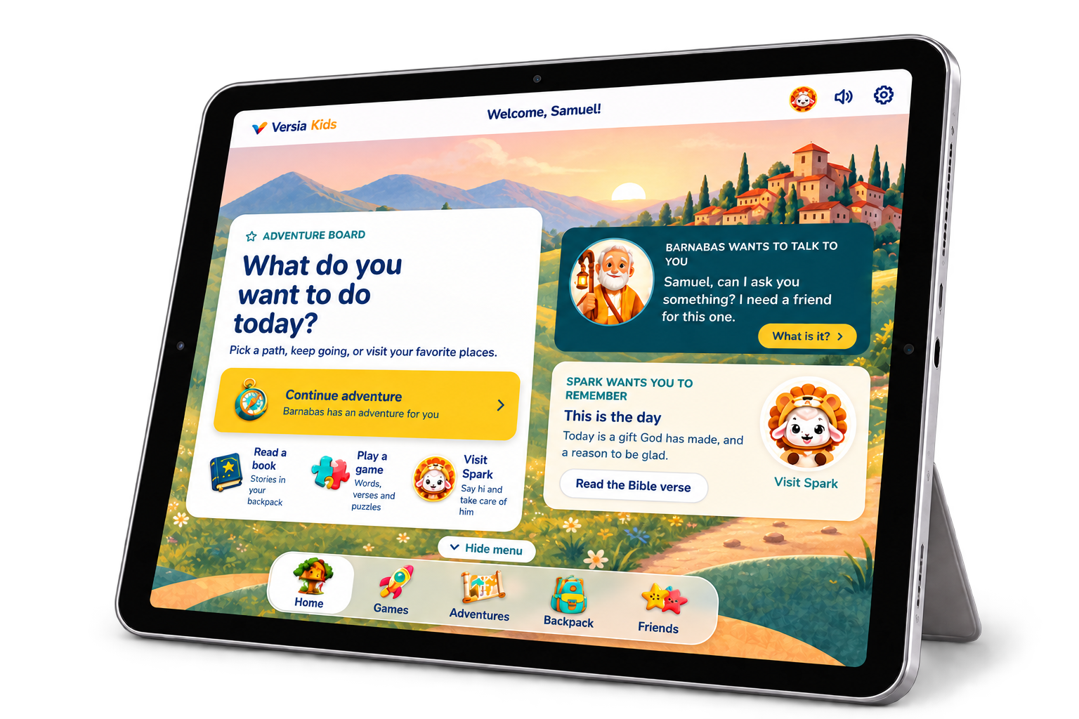 Versia Kids adventure dashboard in English shown on an iPad