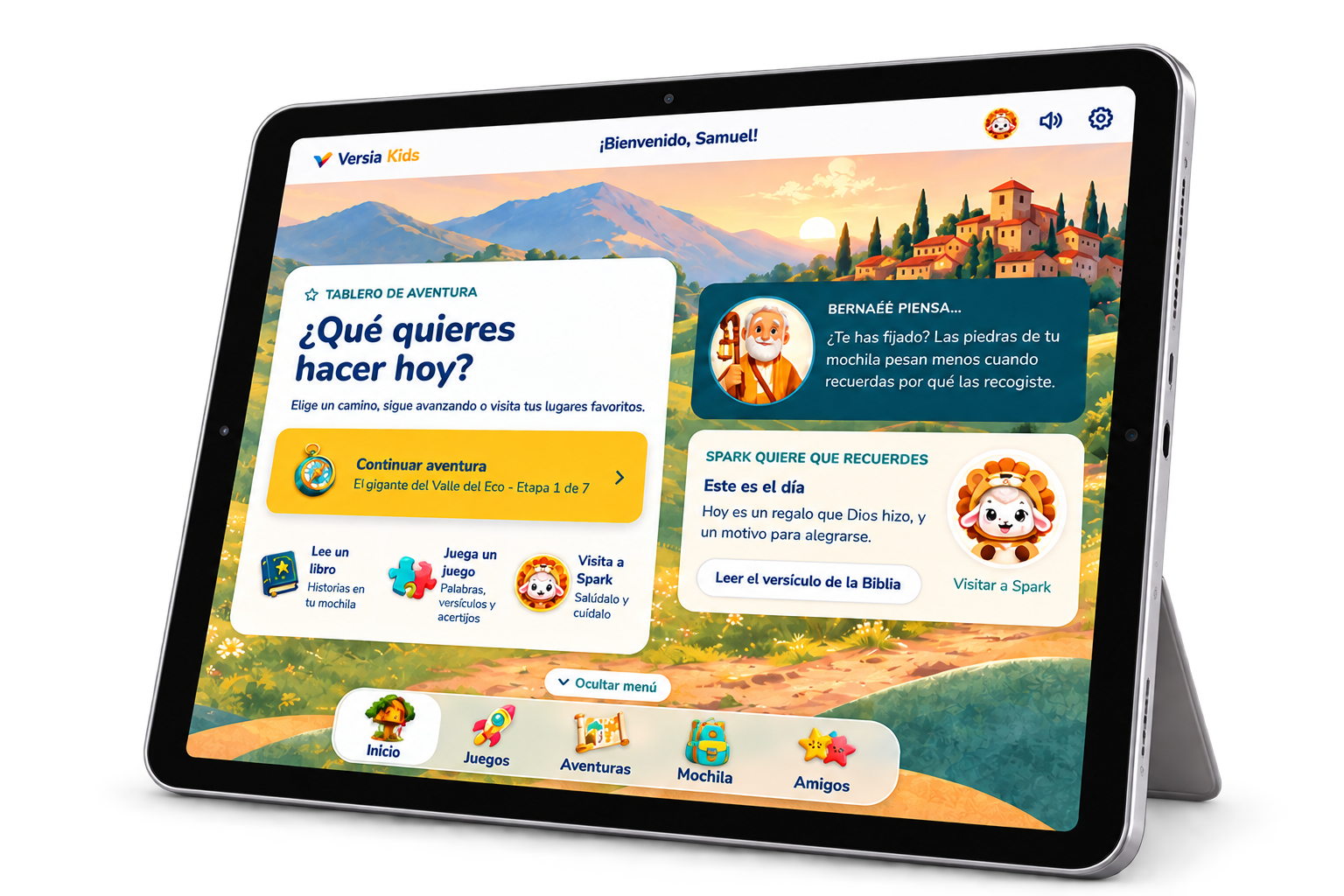 Tablero de aventura de Versia Kids en español mostrado en un iPad