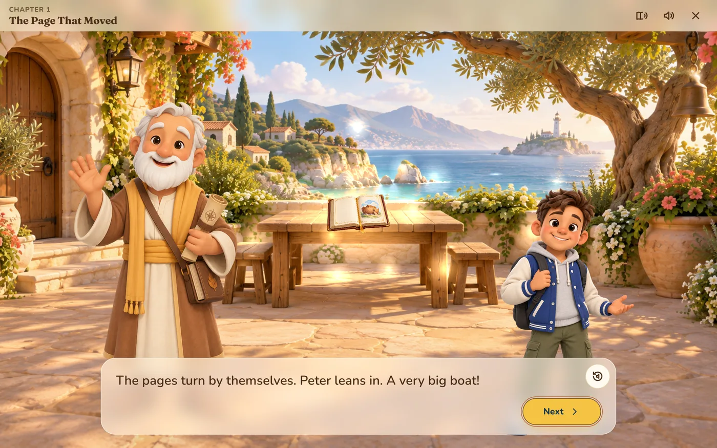 Opening scene of a Bible-inspired adventure: Barnabas and a child in a garden by the sea with an open Bible on the table