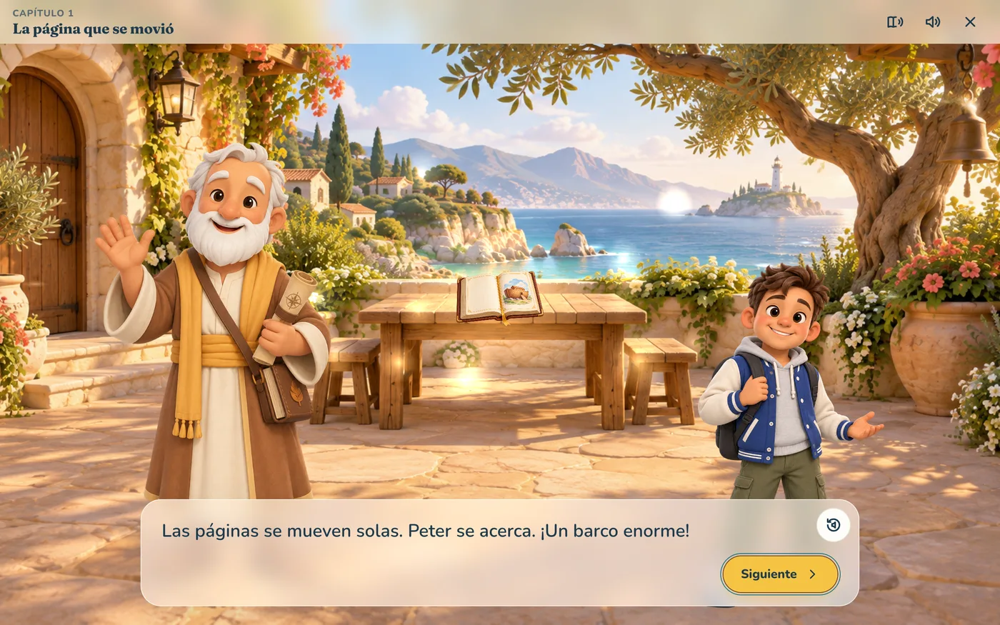 Escena inicial de una aventura inspirada en la Biblia: Barnabas y un niño en un jardín junto al mar con una Biblia abierta sobre la mesa