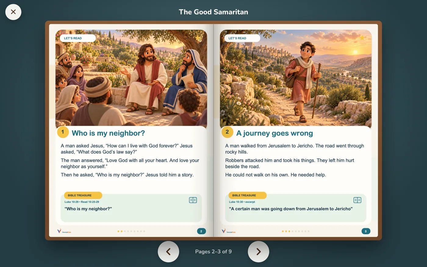 An open book in the reader showing two illustrated pages of The Good Samaritan, each with a Bible Treasure verse and its reference