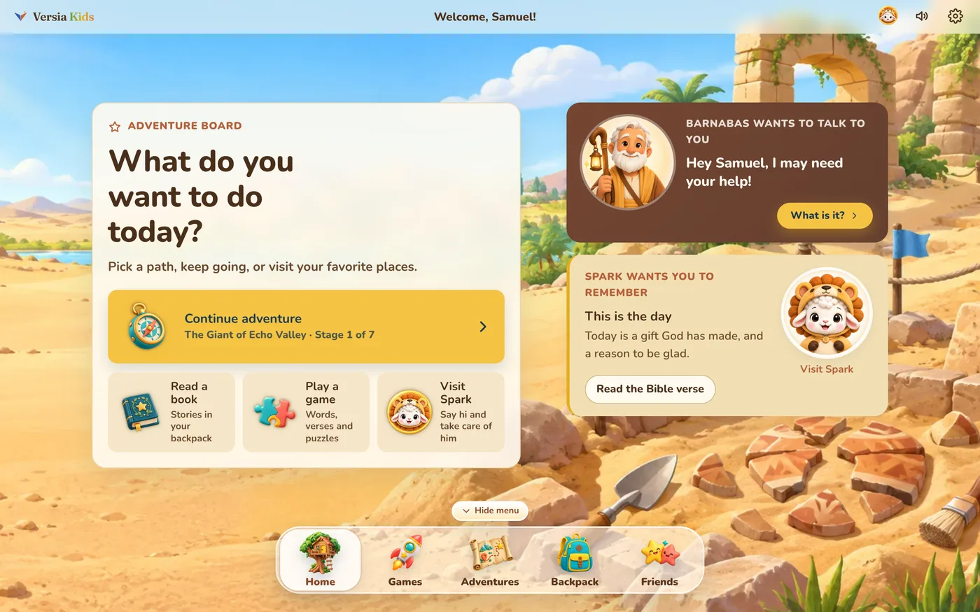 Kid welcome board greeting the child by name, with Spark’s daily verse, options to continue an adventure, read a book, play a game or visit Spark, and a menu with Home, Games, Adventures, Backpack and Friends