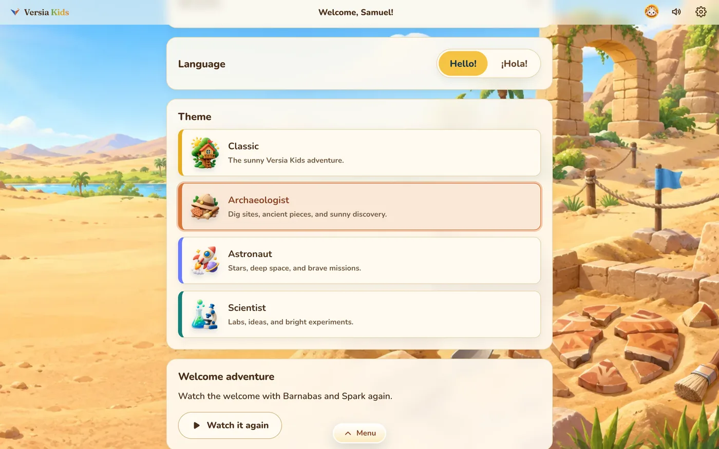Profile screen where the child picks a language and a theme: Classic, Archaeologist, Astronaut or Scientist