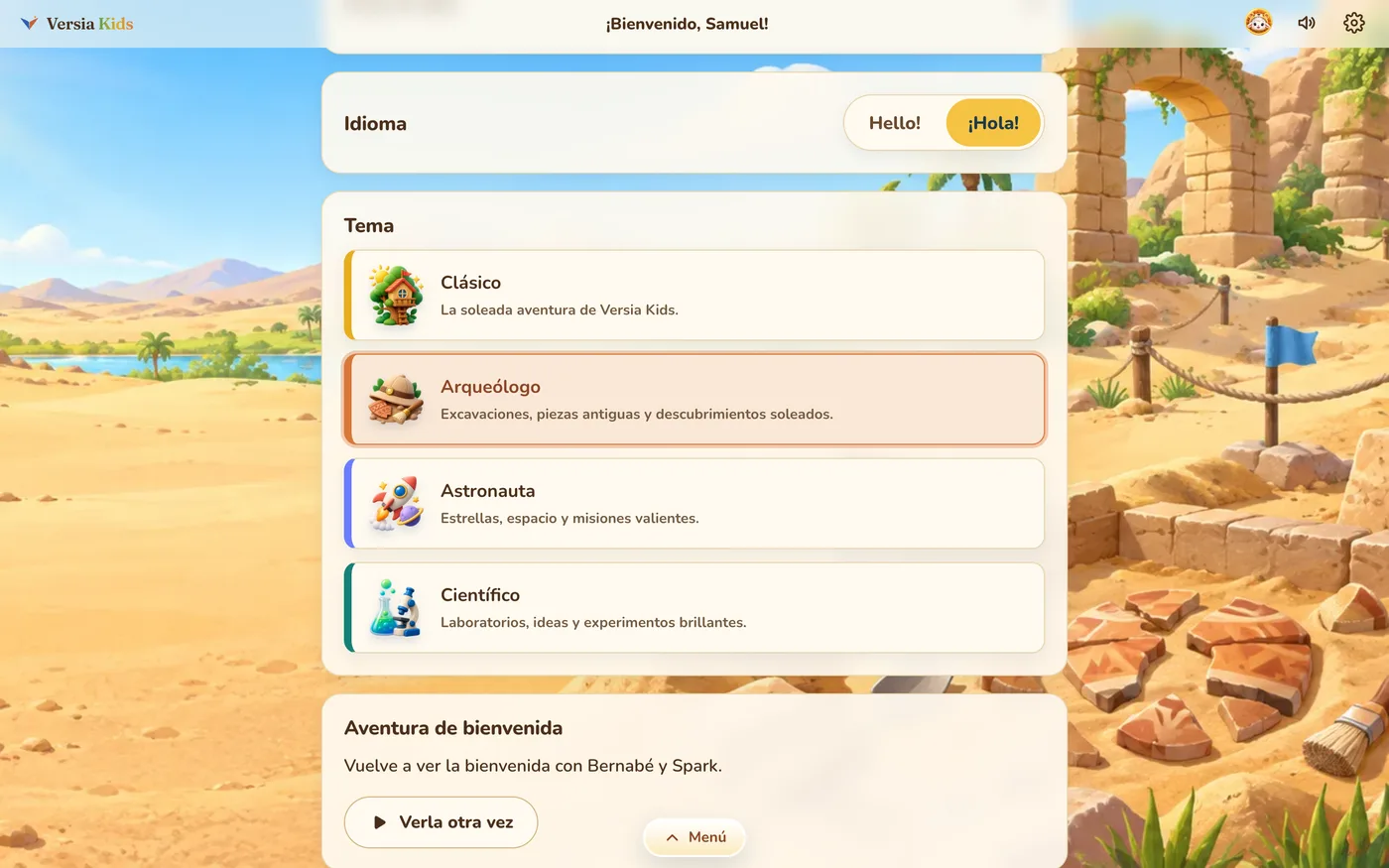 Pantalla de perfil donde el niño elige idioma y tema: Clásico, Arqueólogo, Astronauta o Científico