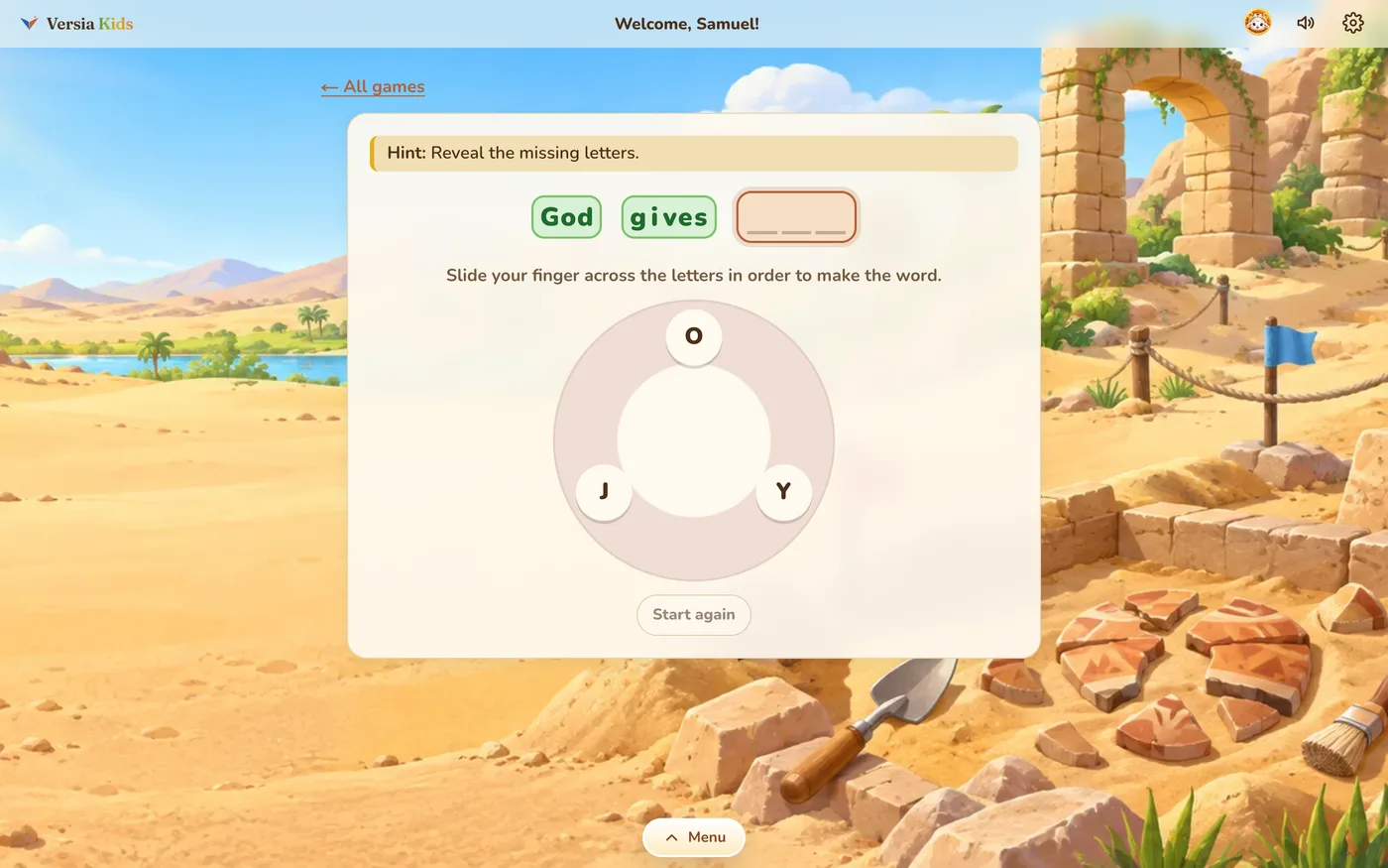 Versicode Junior, one of the Bible games, with the words “God helps” revealed and a letter wheel to find the next word
