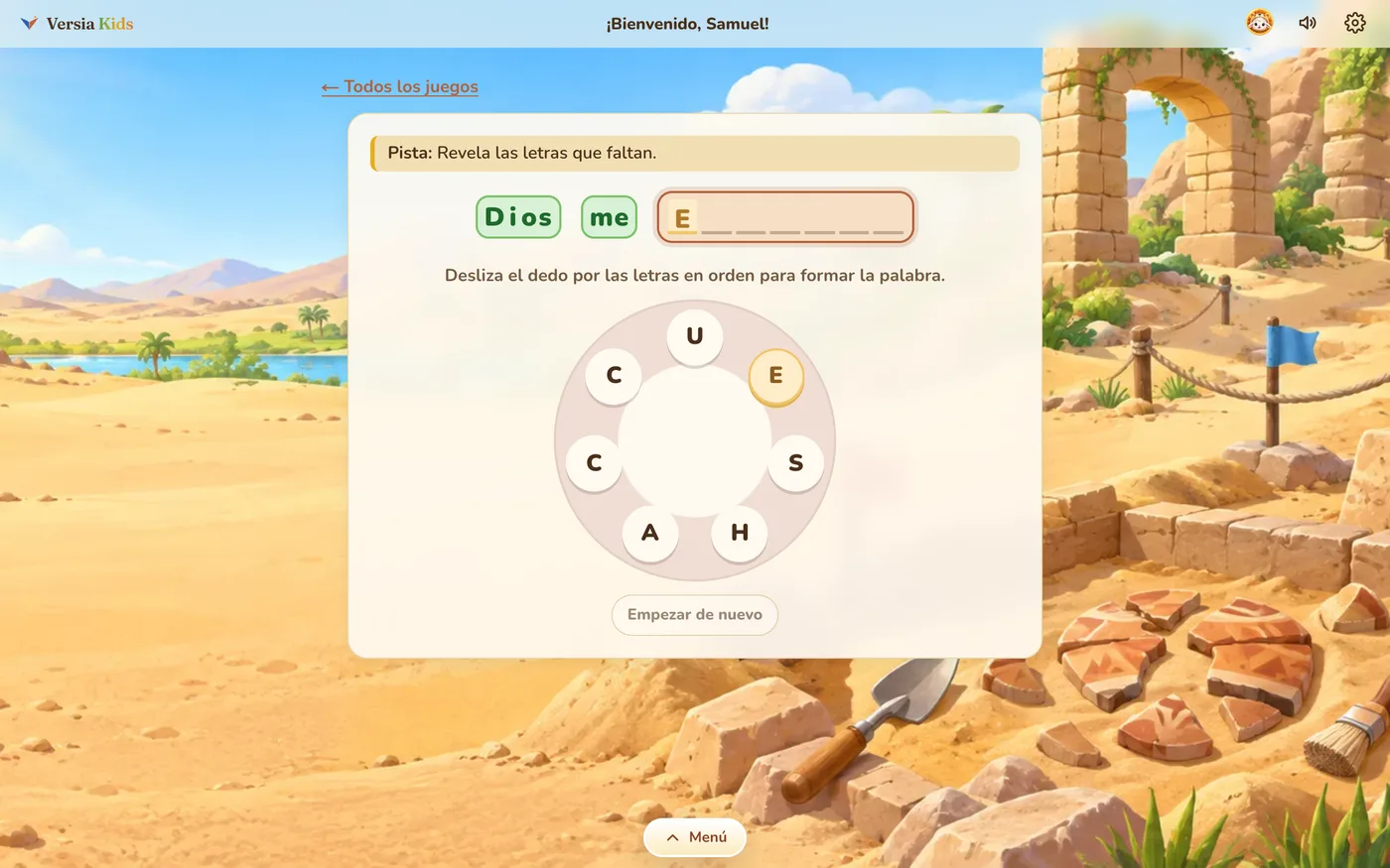Versicode Junior, uno de los juegos bíblicos, con las palabras «Dios da» descubiertas y una rueda de letras para encontrar la siguiente