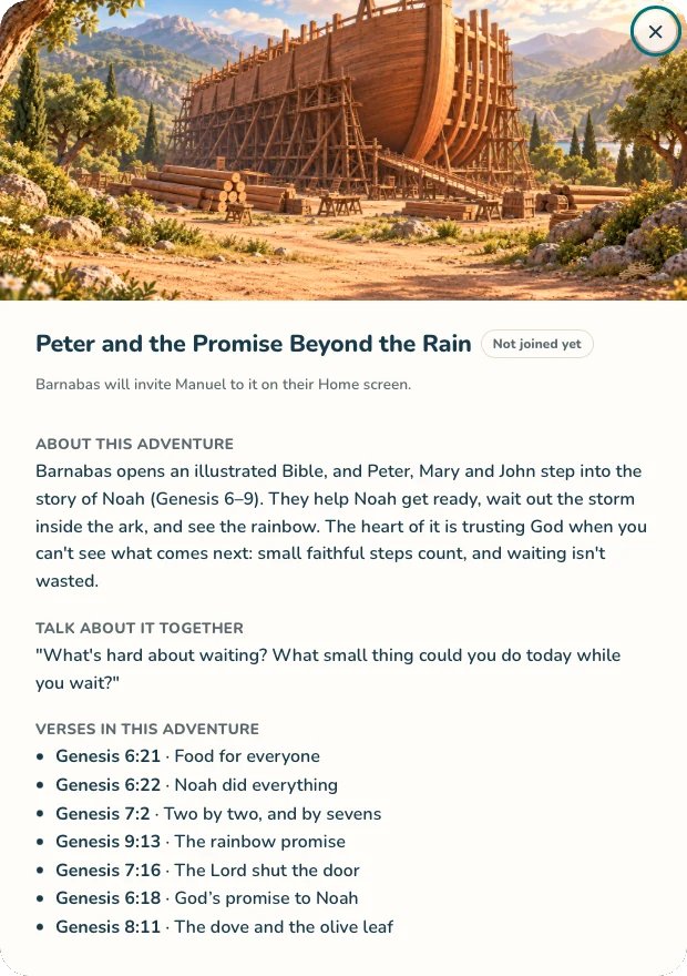 Details of a Bible adventure about Noah with a summary, a question to talk about and its verses