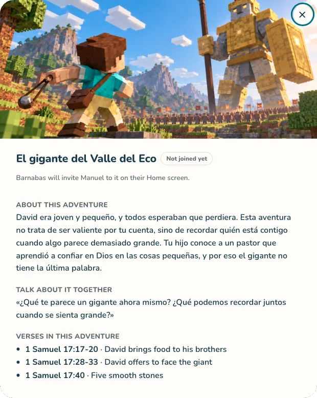 Detalle de una aventura bíblica sobre David y Goliat con un resumen, una pregunta para conversar y sus versículos