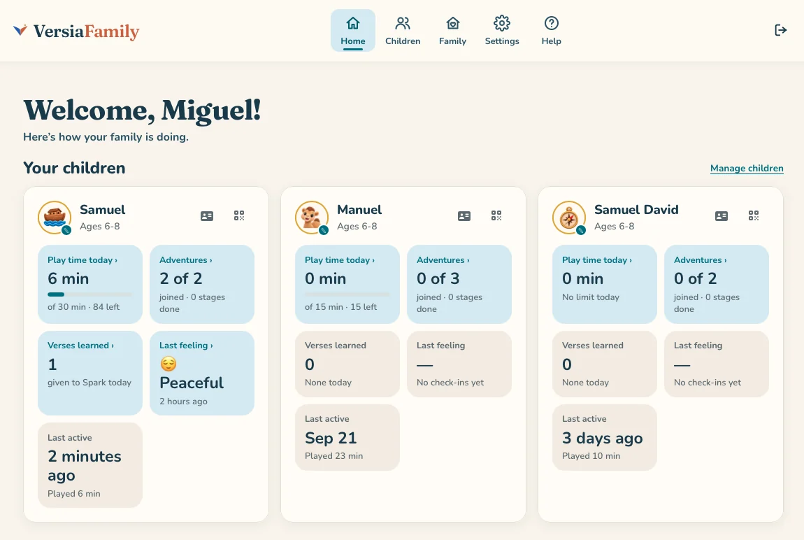 Parent dashboard showing a card for each child with play time, adventures, verses learned and last feeling