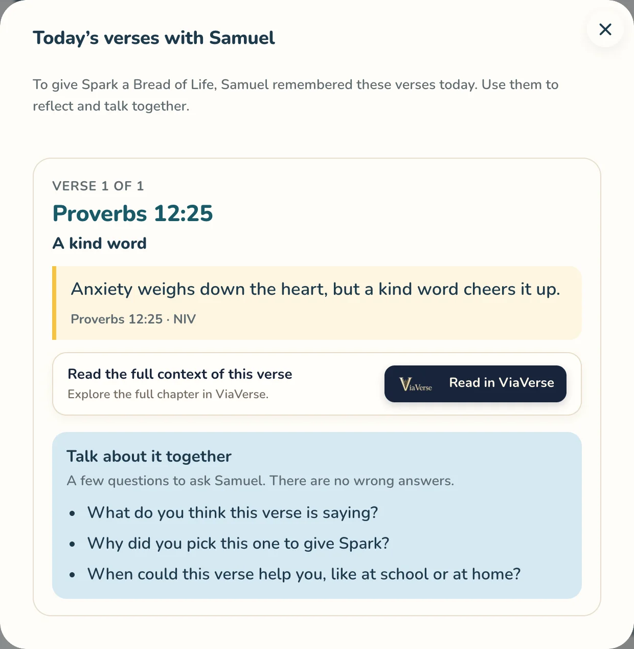 Today’s verse a child remembered, Proverbs 12:25, with questions to talk about together
