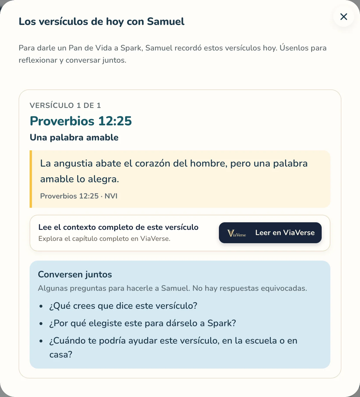 Versículo que un niño recordó hoy, Proverbios 12:25, con preguntas para conversar juntos